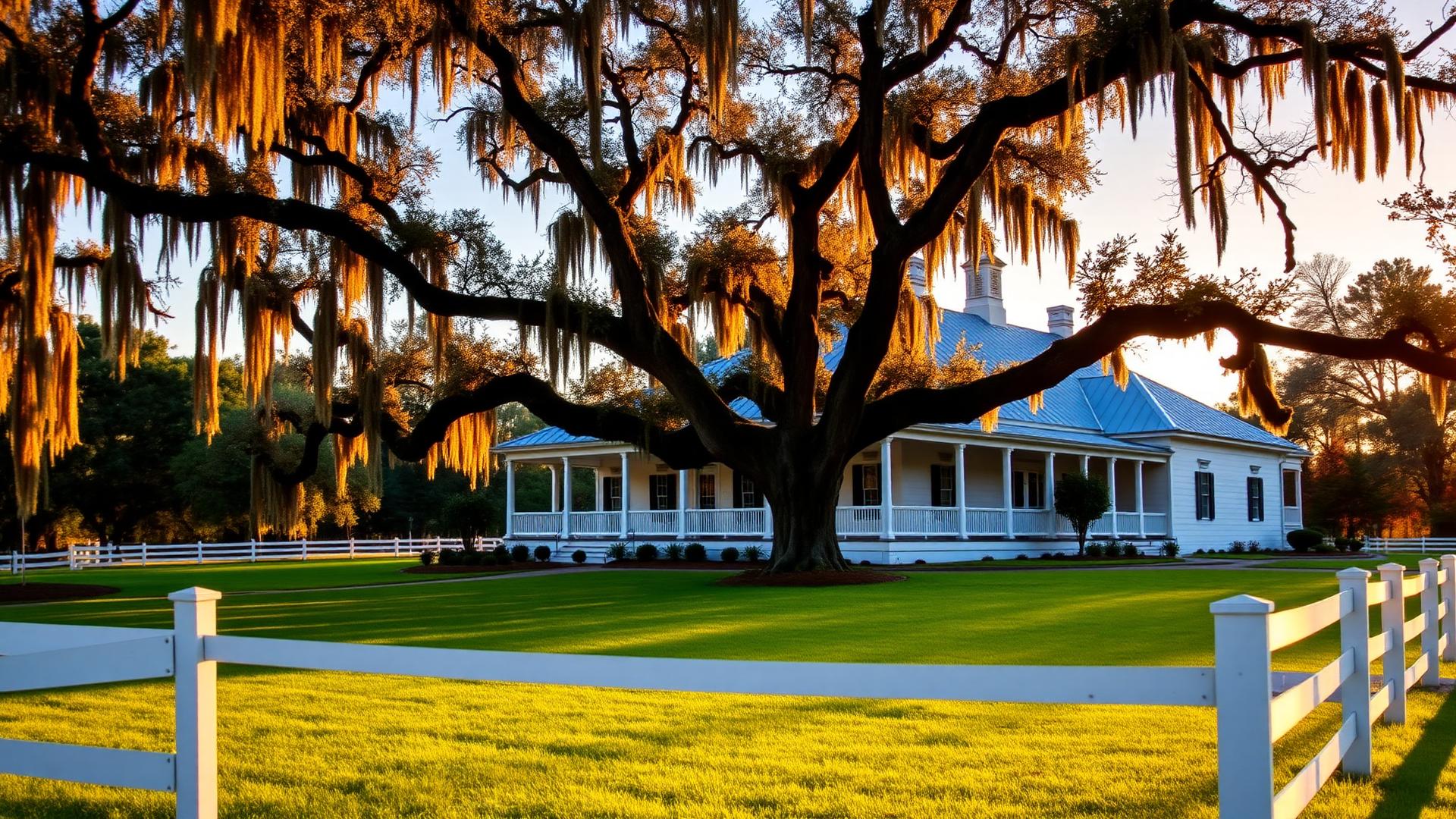 White farmhouse beneath a sprawling live oak in Ocala, Florida horse country at golden hour